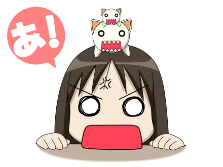 Anime Azumanga Daioh HD PC desktop wallpaper/background: chibi character peeking over an edge with shocked wide eyes and red open mouth, small white creature on her head and a pink あ! speech bubble.