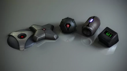 A collection of dynamic game gadgets from the anime Btooom!, showcasing various bomb designs on a sleek surface, serving as a vibrant HD PC desktop wallpaper.