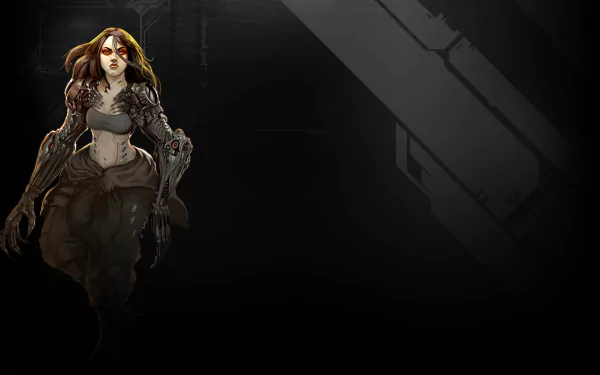 Cyberpunk-themed HD PC desktop wallpaper featuring a female character from the video game Shadowrun: Dragonfall against a dark, industrial background.