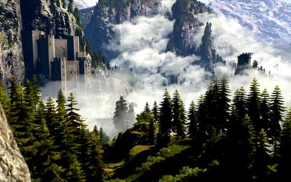 A stunning HD wallpaper of Kaer Morhen from The Witcher 3: Wild Hunt, featuring majestic mountains, lush forests, and mystical clouds shrouding the iconic castle.