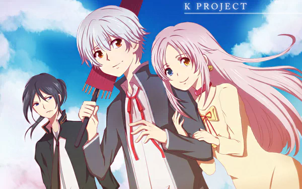 HD anime wallpaper featuring Kuroh Yatogami, Neko, and Yashiro Isana from K Project against a bright blue sky background.