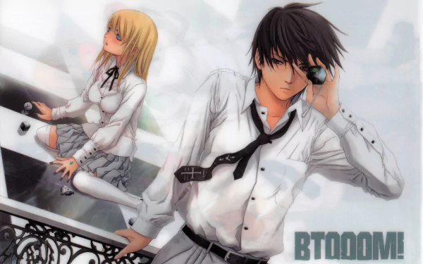 HD anime desktop wallpaper featuring Himiko and Ryōta Sakamoto from Btooom!, showcasing dynamic poses and detailed character art.