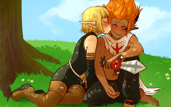 Tristepin and Evangelyne from Wakfu share a tender moment under a tree, set against a vibrant landscape. This HD anime wallpaper captures their affectionate bond beautifully.