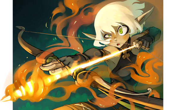 HD PC desktop wallpaper featuring Evangelyne from the anime Wakfu, depicted aiming a glowing arrow amid swirling fiery energy.