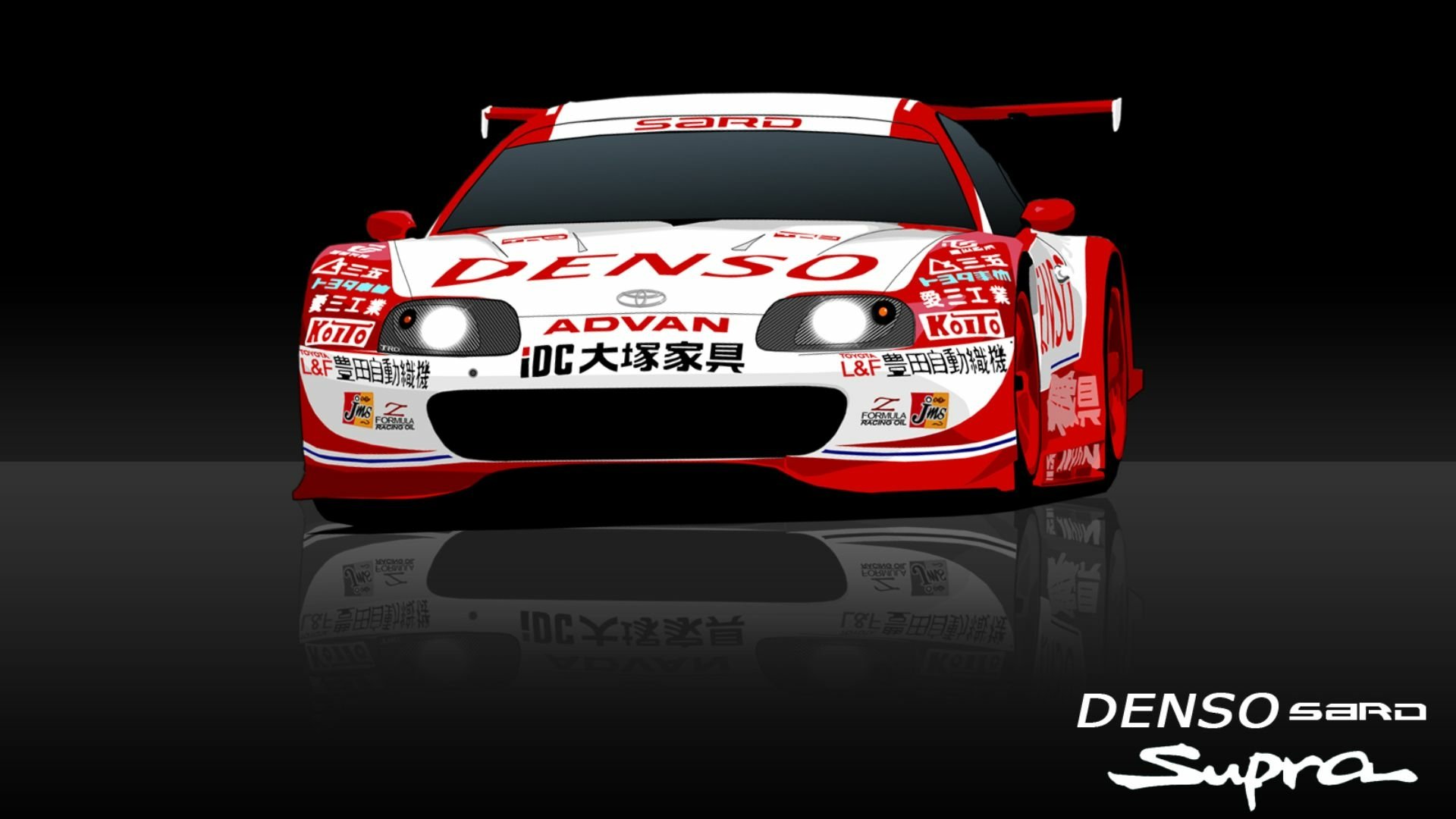 HD PC desktop wallpaper featuring a red and white Denso Toyota Supra race car against a black background.