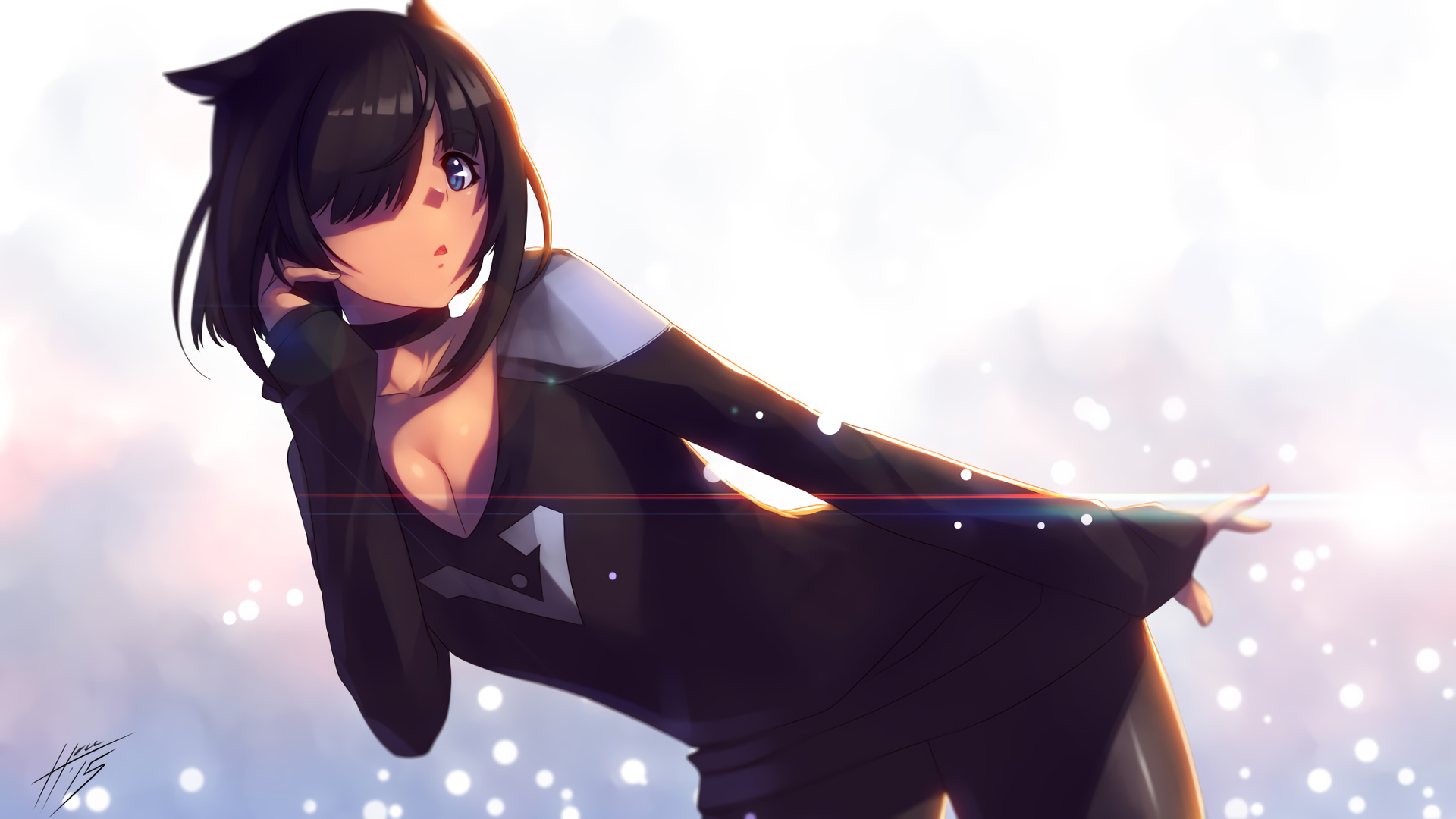 Anime-inspired HD desktop wallpaper featuring a character with cat ears in a stylish pose, set against a softly illuminated background. Original art showcasing vibrant colors.