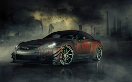 A striking Nissan GT-R exudes power and presence against a dramatic, misty industrial backdrop, showcasing its sporty design in this HD desktop wallpaper.