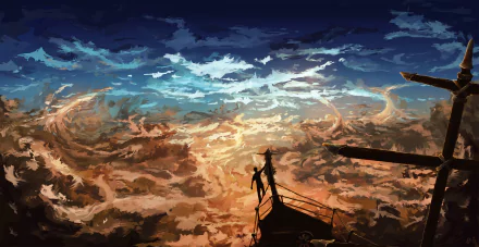 A striking artistic landscape of a vast desert sky, featuring swirling clouds and a silhouetted figure standing on a ship, showcasing a vibrant and imaginative scene.