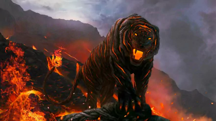 A powerful fantasy tiger stands amidst molten lava and rocky terrain, exuding strength and intensity. This HD desktop wallpaper captures the essence of adventure and mystique.