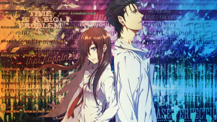 HD desktop wallpaper featuring Kurisu Makise and Rintaro Okabe from the anime Steins;Gate. They stand back-to-back with a vibrant background filled with text and technical elements.