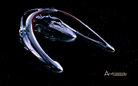 HD desktop wallpaper featuring a sleek spaceship from the TV show Andromeda against a starry black space background.