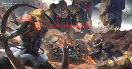 HD PC desktop wallpaper depicting an intense sci-fi battle scene with armored warriors clashing against a towering robotic enemy amid a rugged landscape.