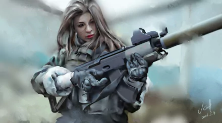 Sci-fi woman warrior in tactical armor aims a futuristic rifle against a blurred icy backdrop — HD PC desktop wallpaper.