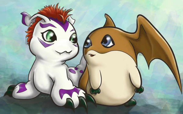 A vibrant HD anime wallpaper featuring two adorable Digimon characters, one with striking purple markings and the other with soft, brown fur and bat-like wings, set against a colorful background.