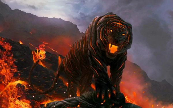 A powerful fantasy tiger stands amidst molten lava and rocky terrain, exuding strength and intensity. This HD desktop wallpaper captures the essence of adventure and mystique.