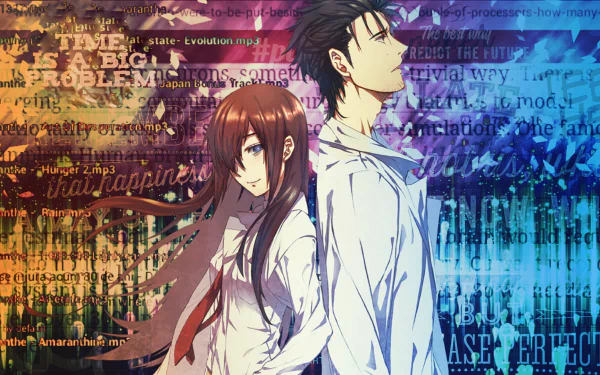 HD desktop wallpaper featuring Kurisu Makise and Rintaro Okabe from the anime Steins;Gate. They stand back-to-back with a vibrant background filled with text and technical elements.