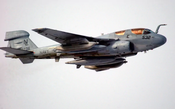 HD desktop wallpaper featuring a Northrop Grumman EA-6B Prowler military aircraft in flight against a clear sky background.