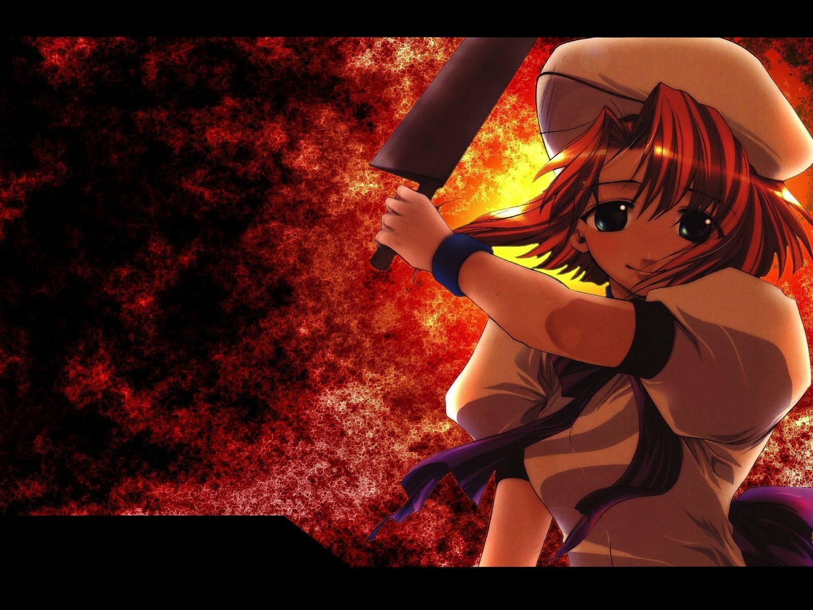 HD desktop wallpaper featuring Rena Ryūgū from the anime Higurashi When They Cry, holding a large cleaver against a fiery, textured background.