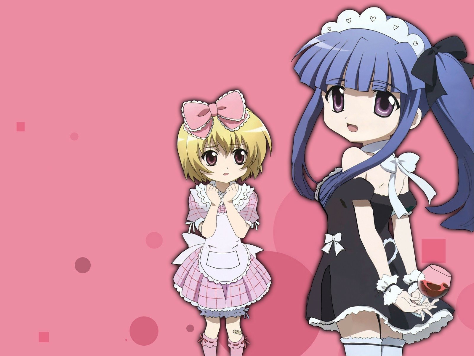 HD PC desktop wallpaper of Hōjō Satoko and Furude Rika from Higurashi When They Cry — anime girls in maid-like outfits on a pink polka-dot background.