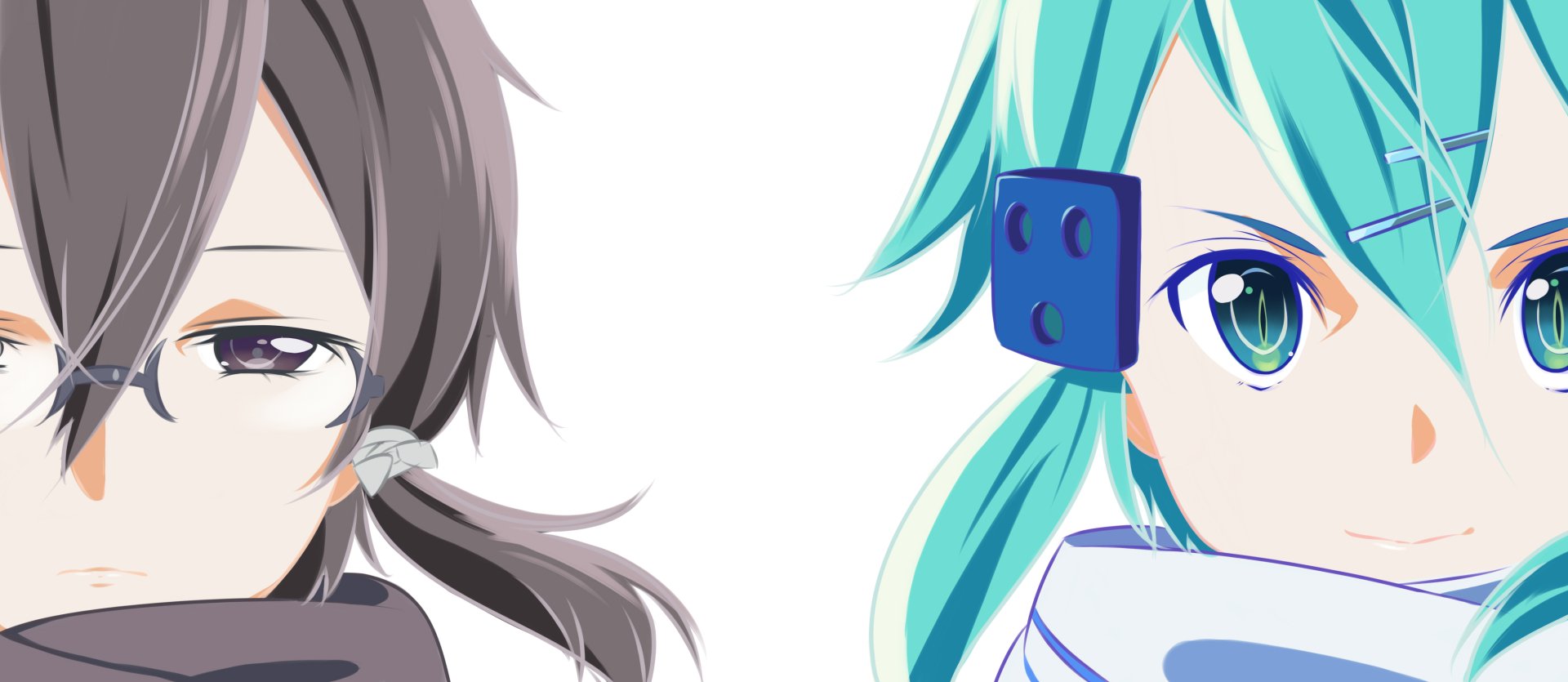 HD wallpaper featuring Shino Asada and Sinon from Sword Art Online II, showcasing their distinct styles and vibrant colors in an anime setting.