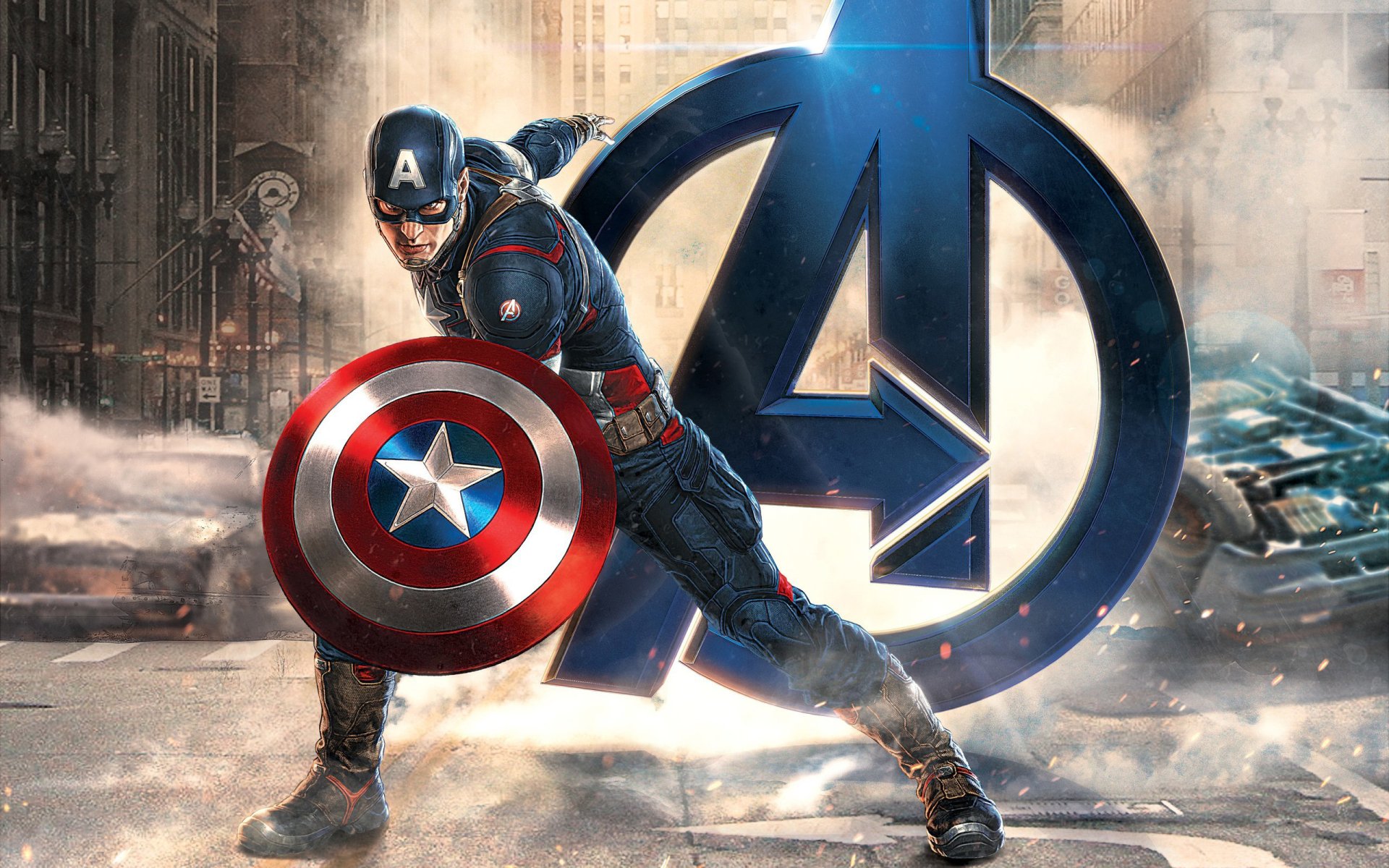 An HD desktop wallpaper featuring Captain America in action, wielding his iconic shield against a backdrop of the Avengers logo, capturing the essence of the movie The Avengers.