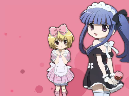 HD PC desktop wallpaper of Hōjō Satoko and Furude Rika from Higurashi When They Cry — anime girls in maid-like outfits on a pink polka-dot background.