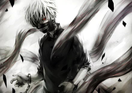 HD desktop wallpaper featuring Ken Kaneki from Tokyo Ghoul. He has white hair, red eyes, a mask, and visible cuffs, with Kagune tendrils swirling around him.