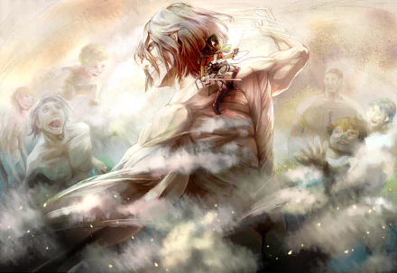 Eren Yeager and Mikasa Ackerman from the anime Attack on Titan are depicted in this HD desktop wallpaper, surrounded by a dramatic, cloudy backdrop and emotional figures.