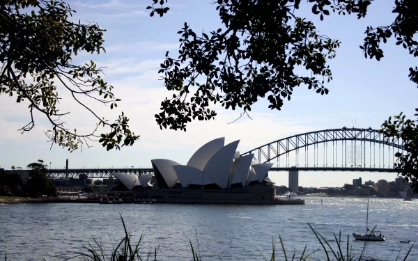 HD desktop wallpaper featuring the iconic man-made Sydney Opera House with the Sydney Harbour Bridge in the background, framed by tree branches over calm water.