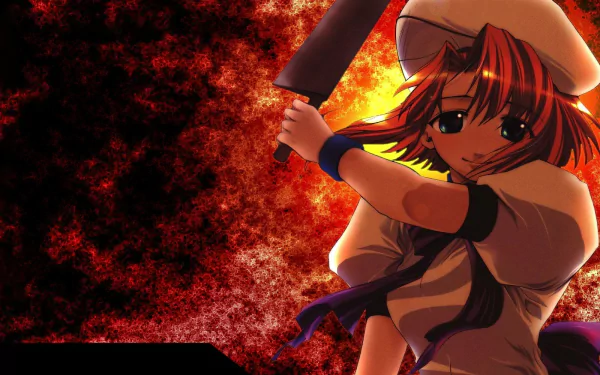 HD desktop wallpaper featuring Rena Ryūgū from the anime Higurashi When They Cry, holding a large cleaver against a fiery, textured background.