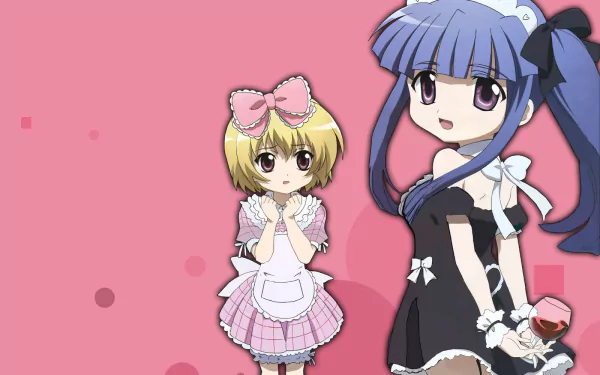 HD PC desktop wallpaper of Hōjō Satoko and Furude Rika from Higurashi When They Cry — anime girls in maid-like outfits on a pink polka-dot background.