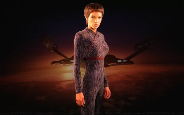 HD desktop wallpaper featuring Jolene Blalock as T'Pol from the TV show Star Trek: Enterprise with a dark, sci-fi themed background.