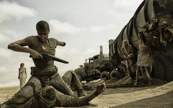 Imperator Furiosa, played by Charlize Theron in Mad Max: Fury Road, aims a weapon in a dramatic desert scene, captured in a 4K Ultra HD movie wallpaper.