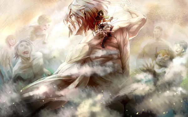 Eren Yeager and Mikasa Ackerman from the anime Attack on Titan are depicted in this HD desktop wallpaper, surrounded by a dramatic, cloudy backdrop and emotional figures.