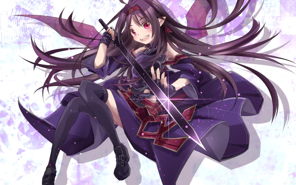 HD desktop wallpaper and background featuring Yuuki Konno from Sword Art Online II, holding a sword with a vibrant, purple-toned anime style.