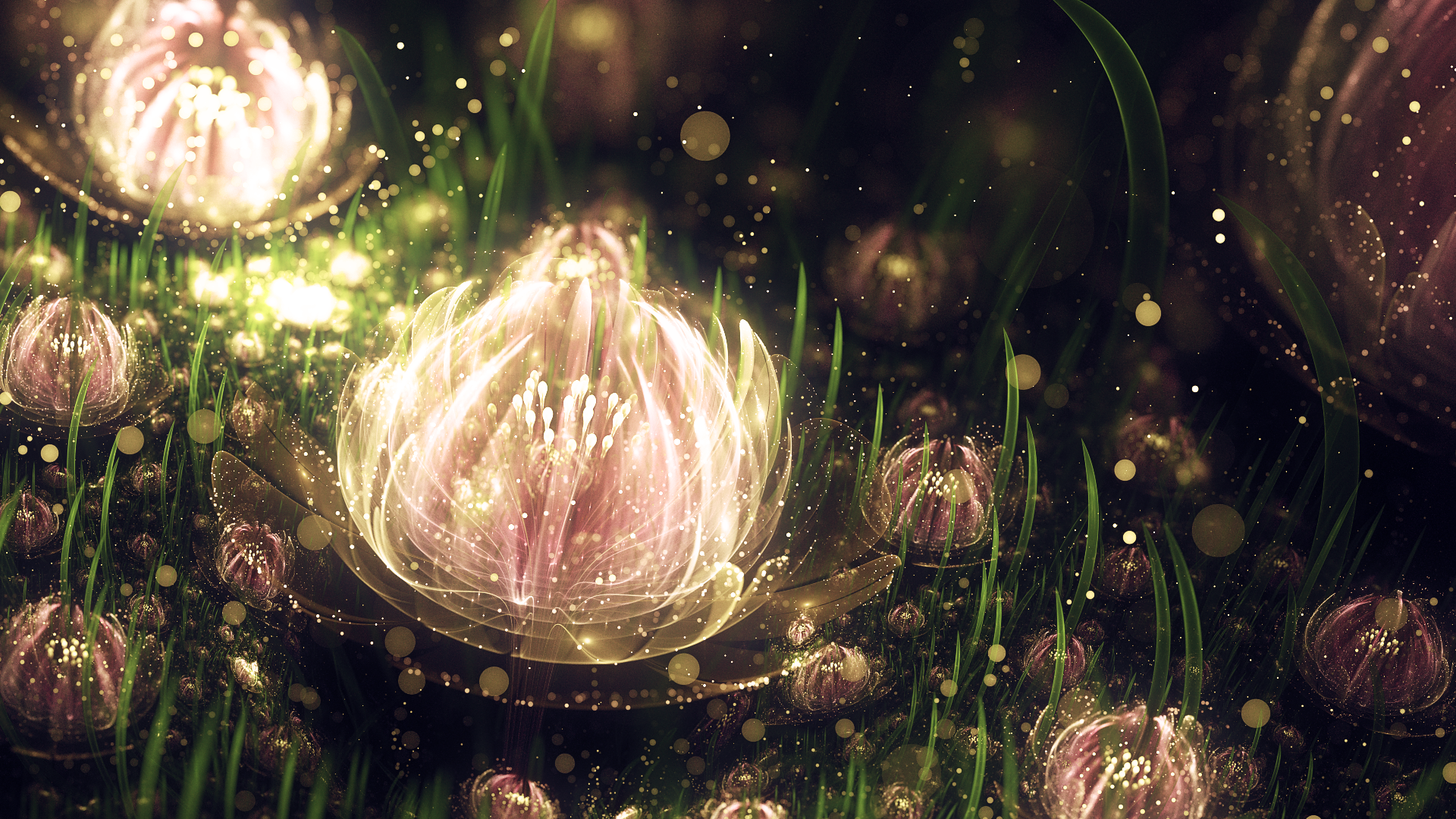 Abstract fractal art featuring luminous lotus flowers amidst a dreamy background, creating a vibrant and enchanting desktop wallpaper for HD displays.