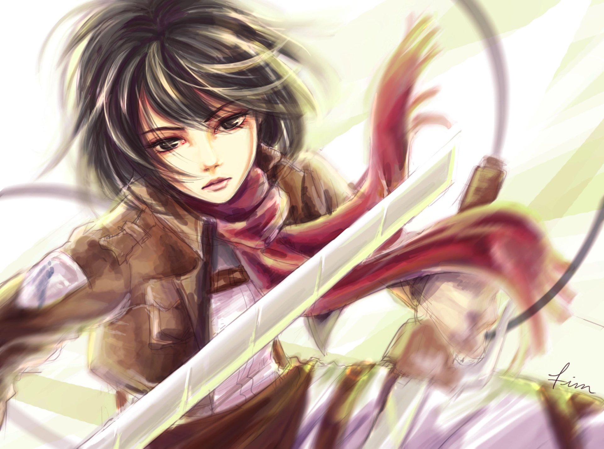 A dynamic HD wallpaper featuring Mikasa Ackerman from Attack on Titan, showcasing her fierce determination with her iconic scarf and sword in an action-packed pose.