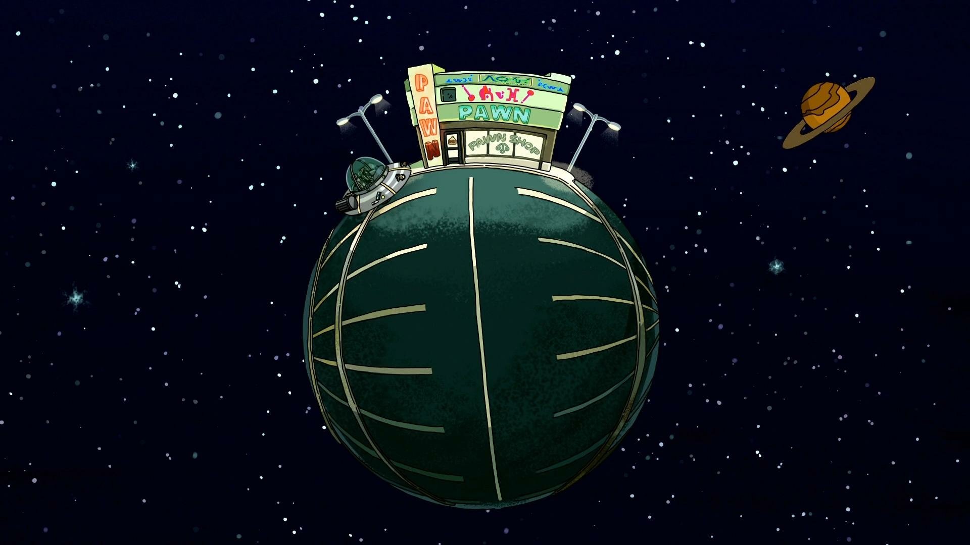 HD desktop wallpaper featuring the Space Cruiser from Rick and Morty parked at a pawn shop, set against a starry space background with a distant planet.