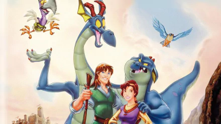 HD PC desktop wallpaper from the movie Quest for Camelot showing two smiling human protagonists flanked by a friendly two-headed dragon and a bluebird against a bright sky.