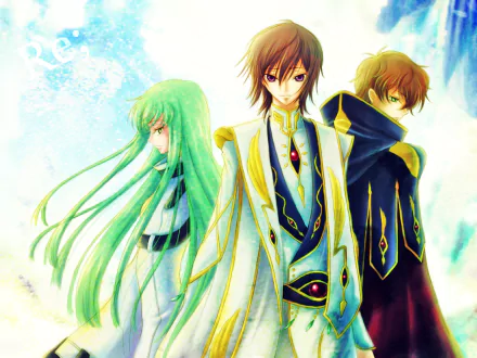 HD anime desktop wallpaper featuring Suzaku Kururugi, Lelouch Lamperouge, and C.C. from Code Geass against a bright, ethereal background.