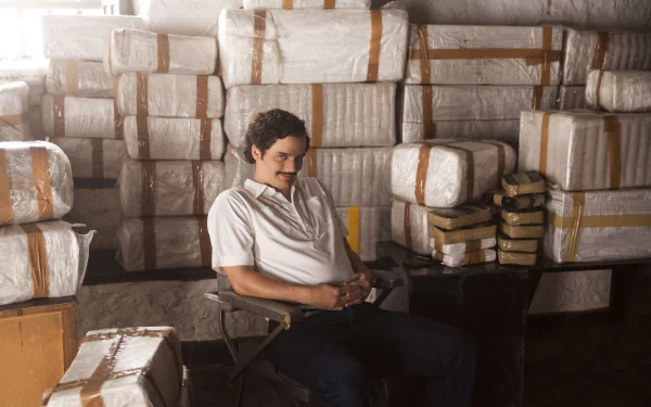 HD desktop wallpaper from Narcos featuring a man sitting contemplatively in a room filled with packaged narcotics.