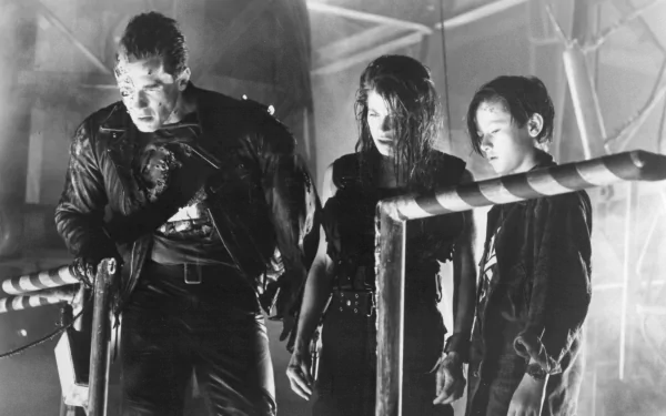A dramatic scene from *Terminator 2: Judgment Day*, featuring Arnold Schwarzenegger as the Terminator, Linda Hamilton as Sarah Connor, and Edward Furlong as John Connor in a tense moment.