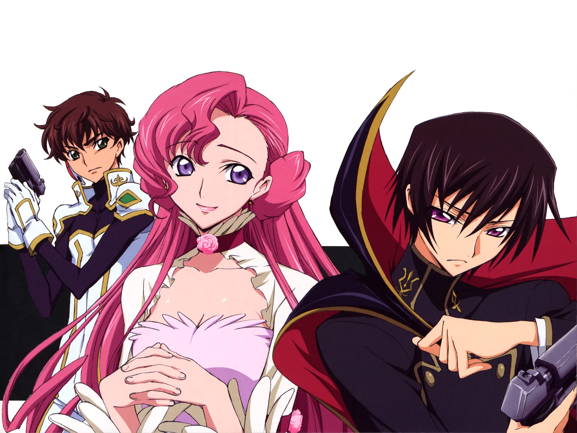 4K Ultra HD Code Geass anime desktop wallpaper: Euphemia Li Britannia in a pink gown flanked by Suzaku Kururugi in white uniform and brooding Lelouch Lamperouge in a black cloak.