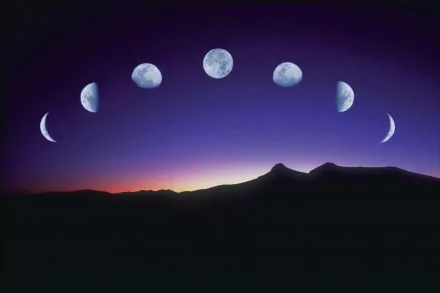 HD desktop wallpaper featuring a night sky with the moon in various phases above a silhouetted mountain range and a mesmerizing twilight horizon. Tags: nature, moon.