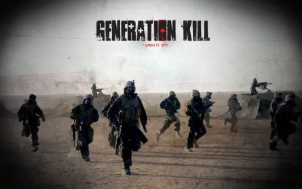 HD desktop wallpaper featuring soldiers from the TV show Generation Kill advancing in a desert setting with the show's title prominently displayed above.