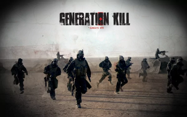 HD desktop wallpaper featuring soldiers from the TV show Generation Kill advancing in a desert setting with the show's title prominently displayed above.