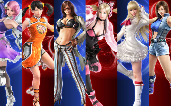 A vibrant HD desktop wallpaper featuring female characters from the video game Tekken 7, showcasing their unique styles and dynamic poses against a striking background.