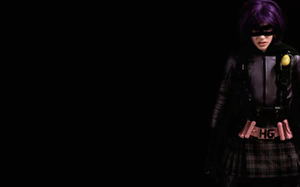 HD PC desktop wallpaper featuring Chloë Grace Moretz as Hit-Girl from the movie Kick-Ass, showcasing her dark costume and purple hair against a black background.