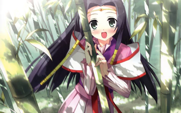 Kaguya Sumeragi from Code Geass is playfully interacting with bamboo in this vibrant HD anime wallpaper, capturing her lively spirit in a lush green setting.