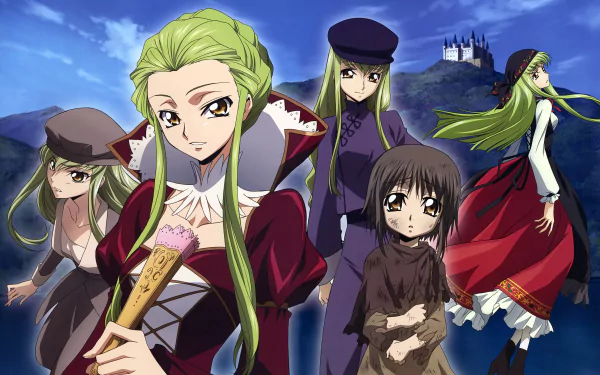 Anime 5K Ultra HD PC desktop wallpaper: C.C. from Code Geass in multiple poses before mountains and a distant castle under blue skies.